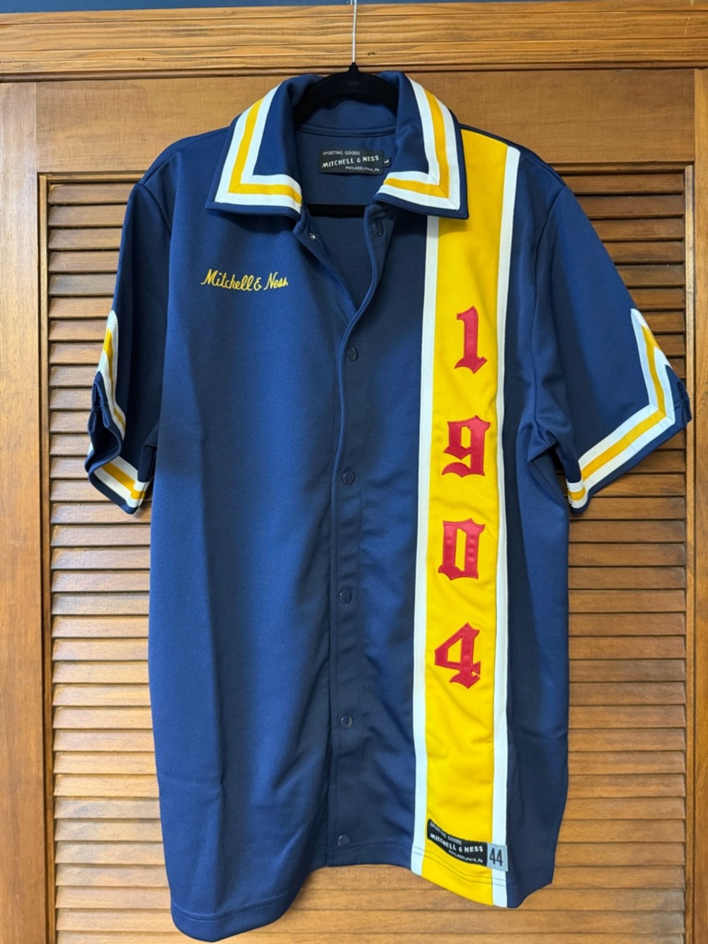 Mitchell & Ness 1904 Navy and Yellow Vertical-Stripe Bowling Shirt - Large